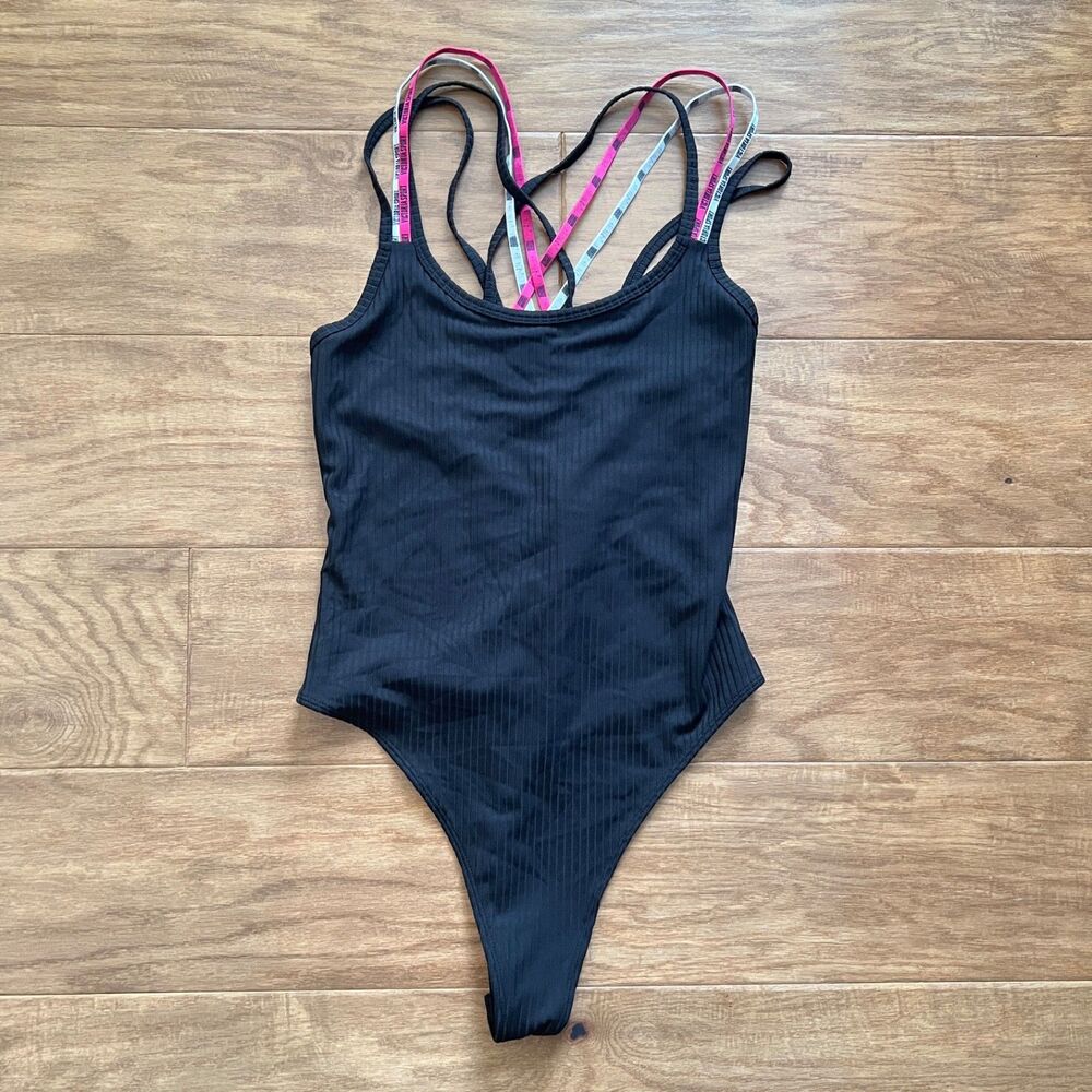 NWT Victoria Sport Victoria's Secret Strappy Bodysuit Size M Black Pink White